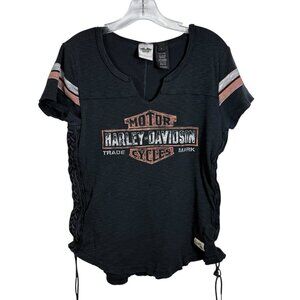 Harley Davidson Women's Short Sleeve Tee Size XL Side Ties Black Bar & Shield